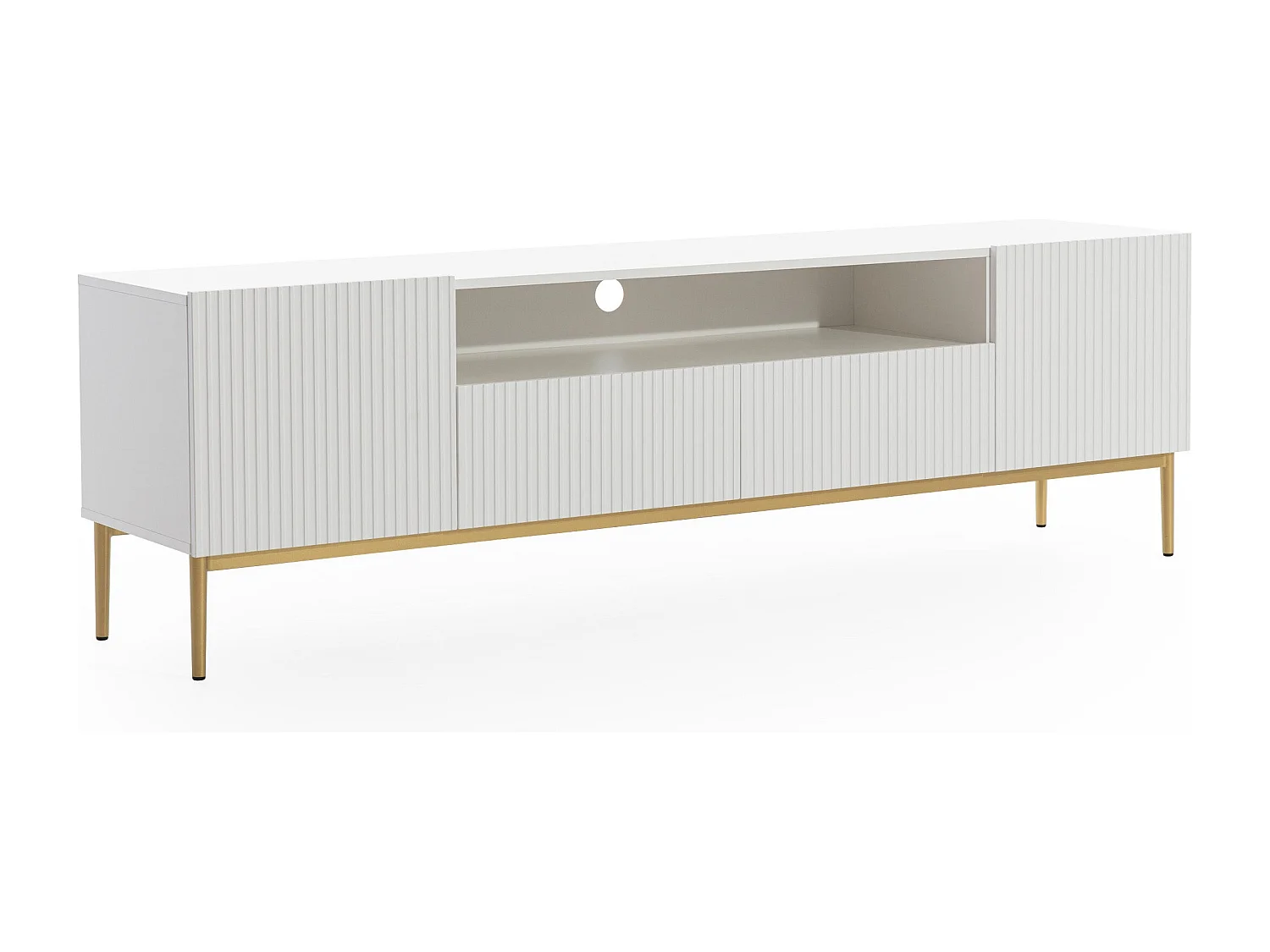 Mueble TV blanco con 2 puertas y 2 cajones con pie de metal dorado 200x45 cm