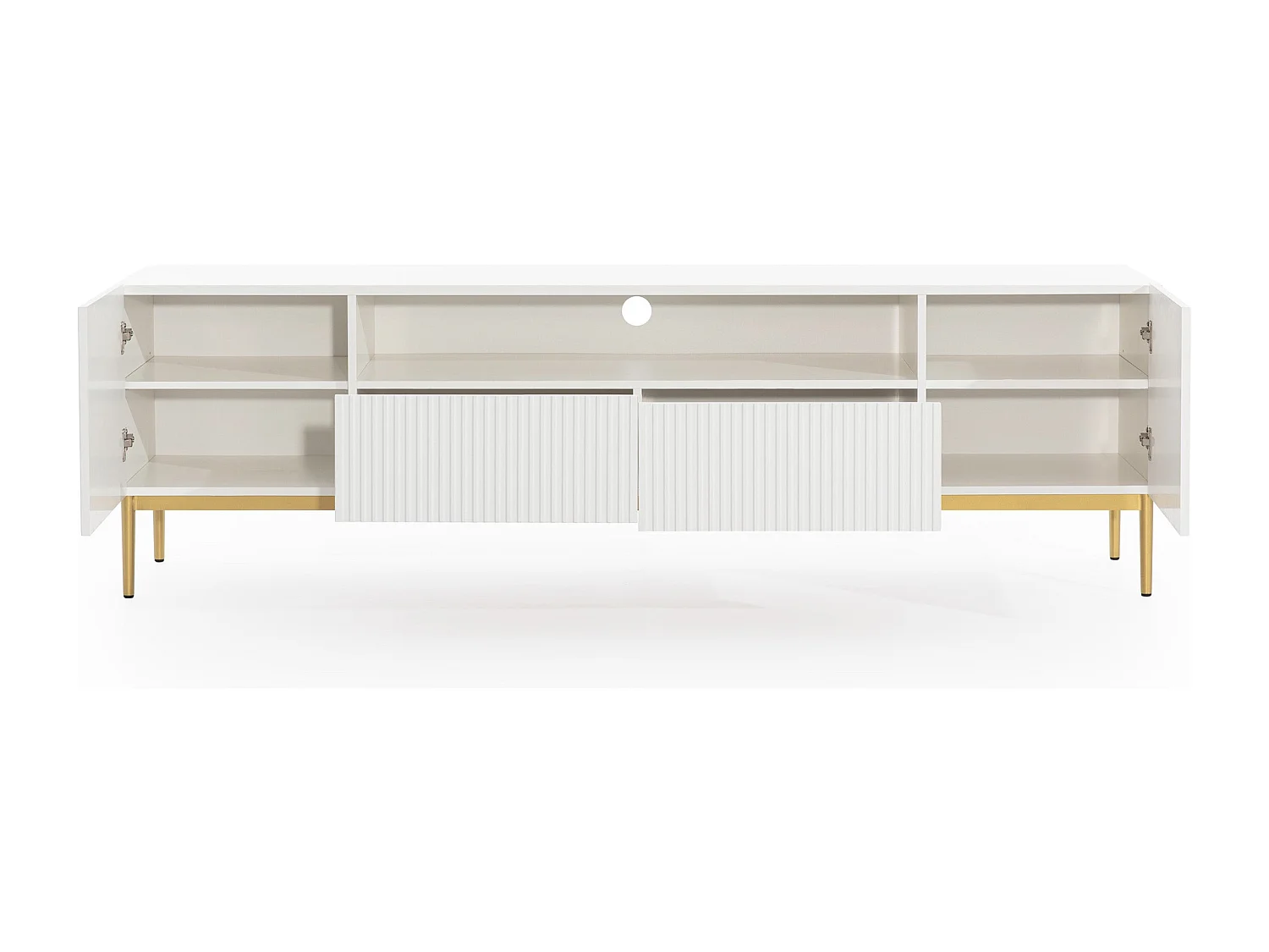 Mueble TV blanco con 2 puertas y 2 cajones con pie de metal dorado 200x45 cm