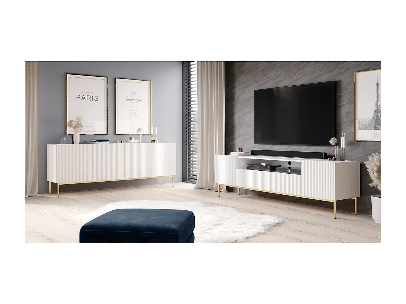 Mueble TV blanco con 2 puertas y 2 cajones con pie de metal dorado 200x45 cm