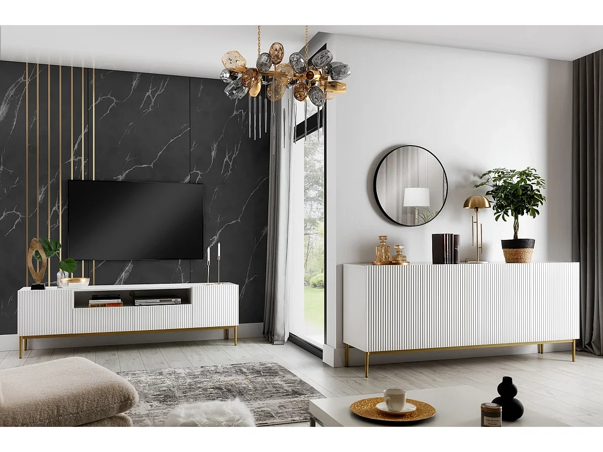 Mueble TV blanco con 2 puertas y 2 cajones con pie de metal dorado 200x45 cm