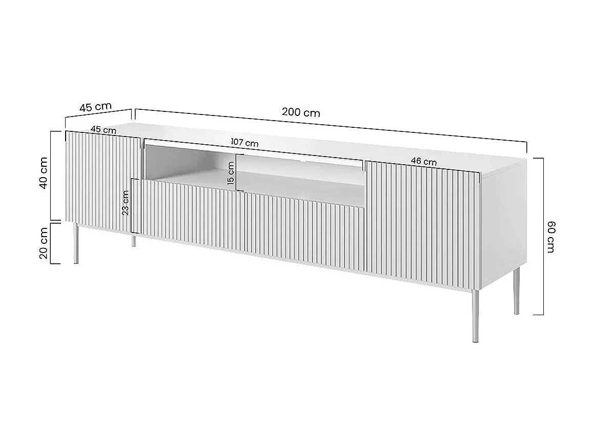 Mueble TV blanco con 2 puertas y 2 cajones con pie de metal dorado 200x45 cm