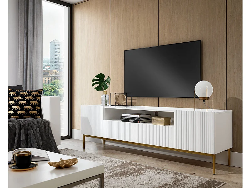 Weißer TV-Schrank mit 2 Türen und 2 Schubladen mit goldenem Metallfuß 200x45 cm