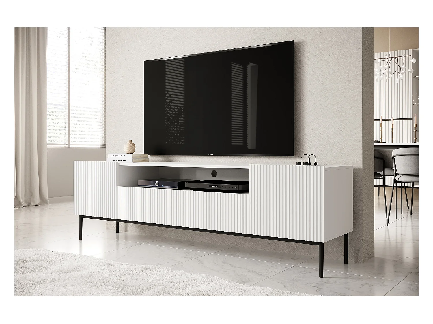 Weißer TV-Schrank mit 2 Türen und 2 Schubladen mit schwarzem Metallfuß 200x45 cm