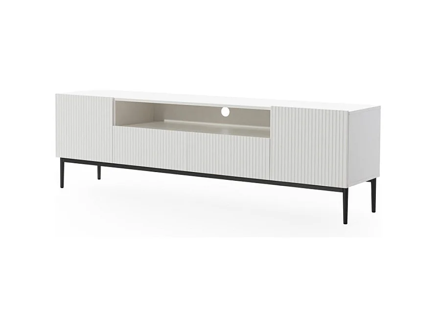 Weißer TV-Schrank mit 2 Türen und 2 Schubladen mit schwarzem Metallfuß 200x45 cm