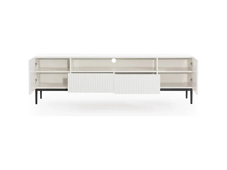 Weißer TV-Schrank mit 2 Türen und 2 Schubladen mit schwarzem Metallfuß 200x45 cm