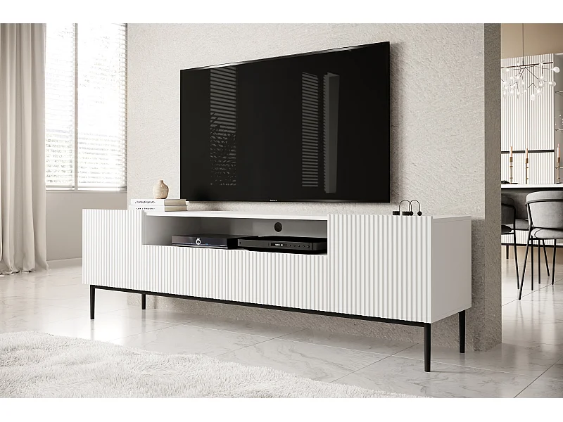 Mueble TV blanco con 2 puertas y 2 cajones con pie de metal negro 200x45 cm