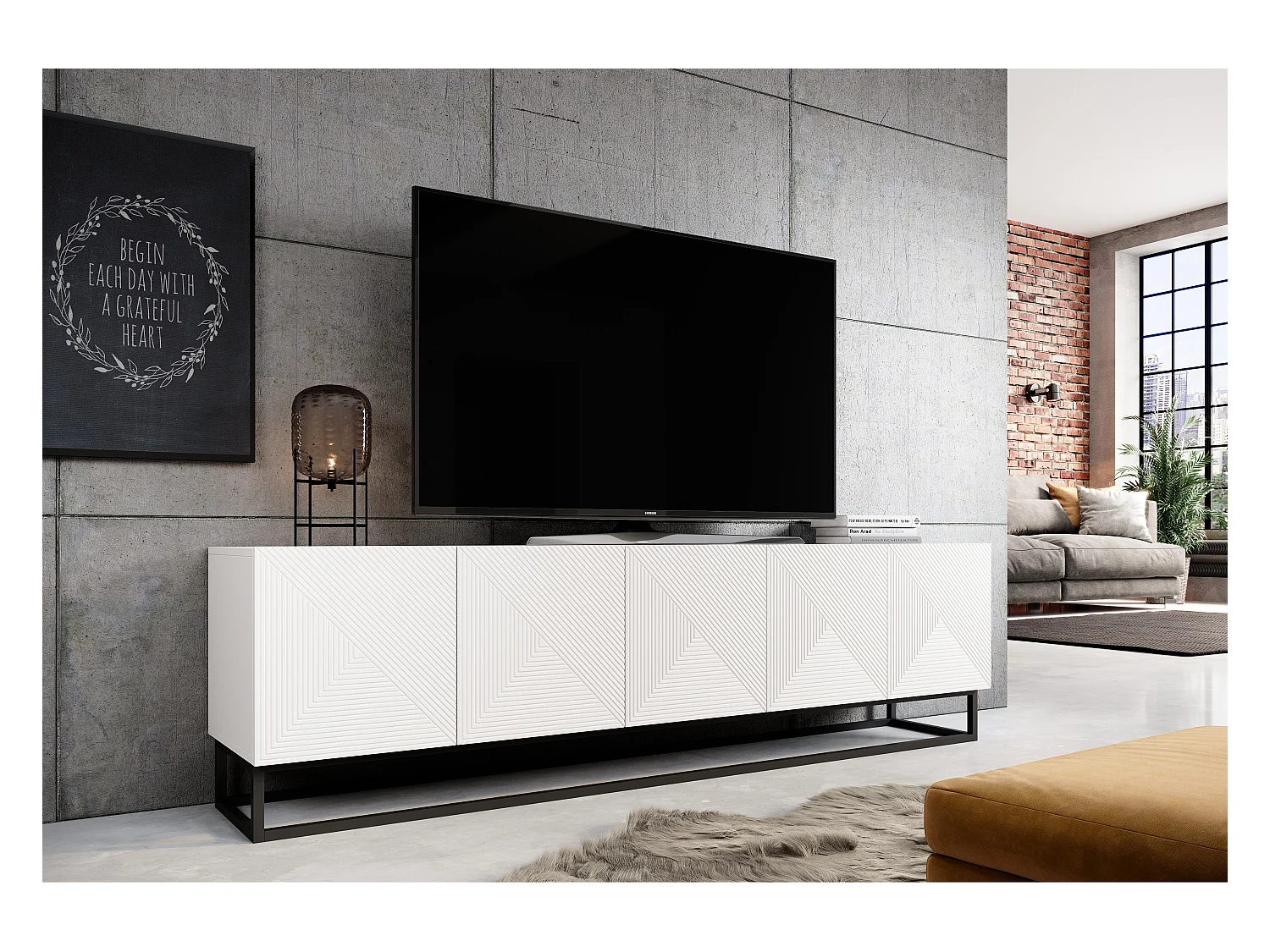 Meuble TV 5 witte gelaagde deuren met metalen voet 200x40 cm