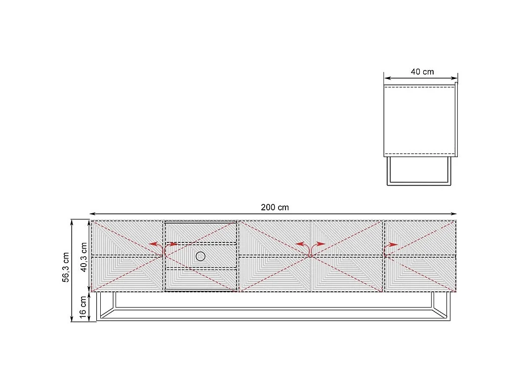 Meuble TV 5 witte gelaagde deuren met metalen voet 200x40 cm