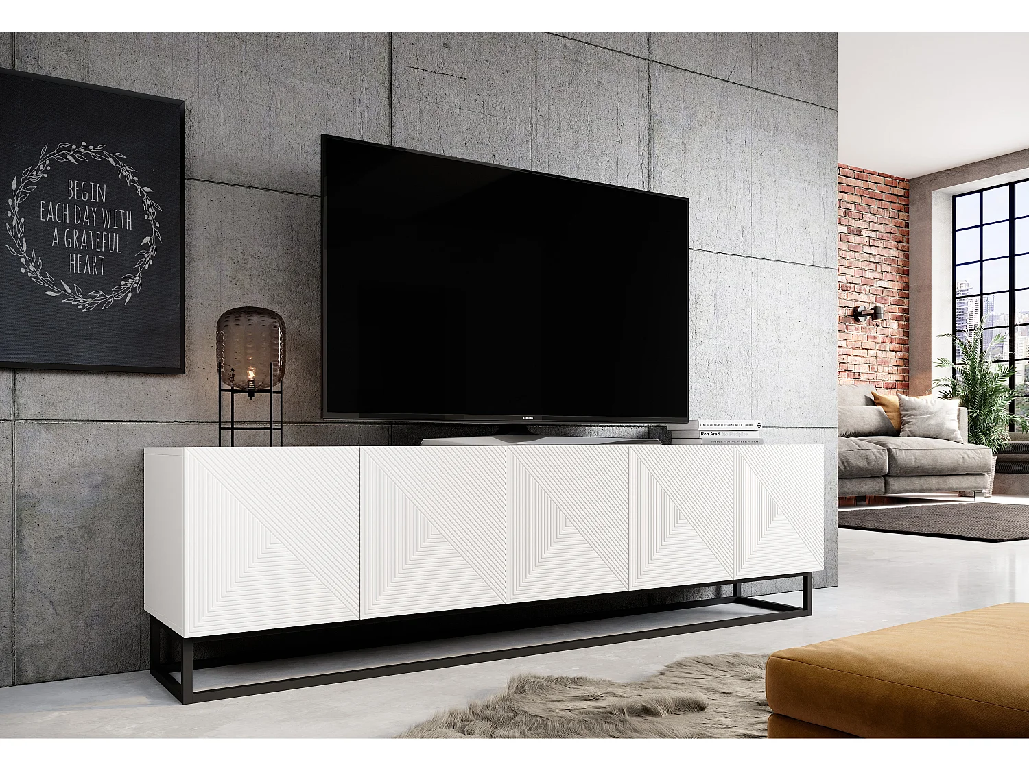 Mueble TV 5 puertas laminado blanco con pie metálico 200x40 cm