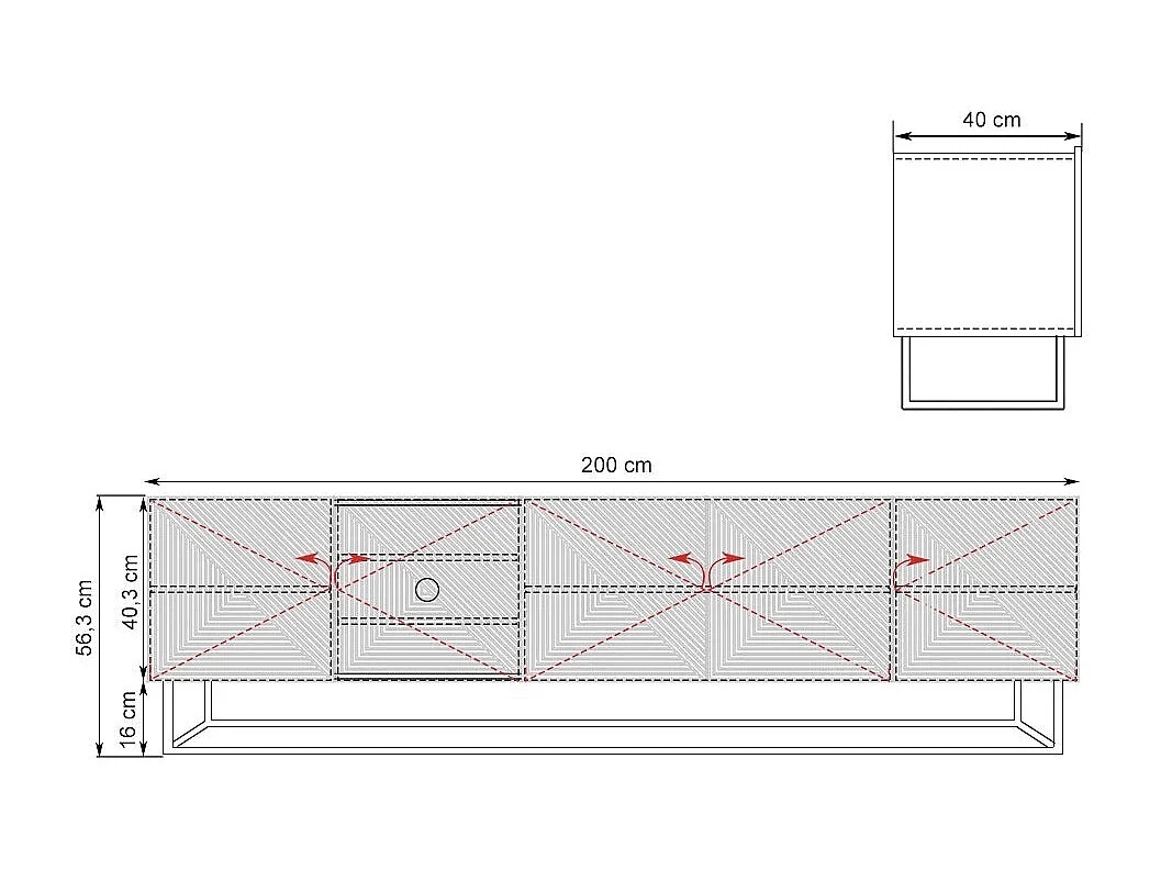 Mueble TV 5 puertas laminado blanco con pie metálico 200x40 cm