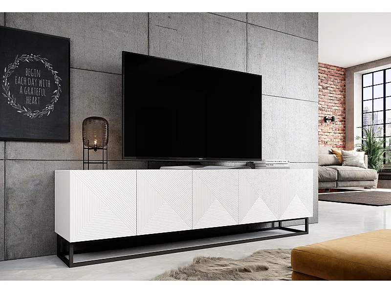 Mueble TV 5 puertas laminado blanco con pie metálico 200x40 cm