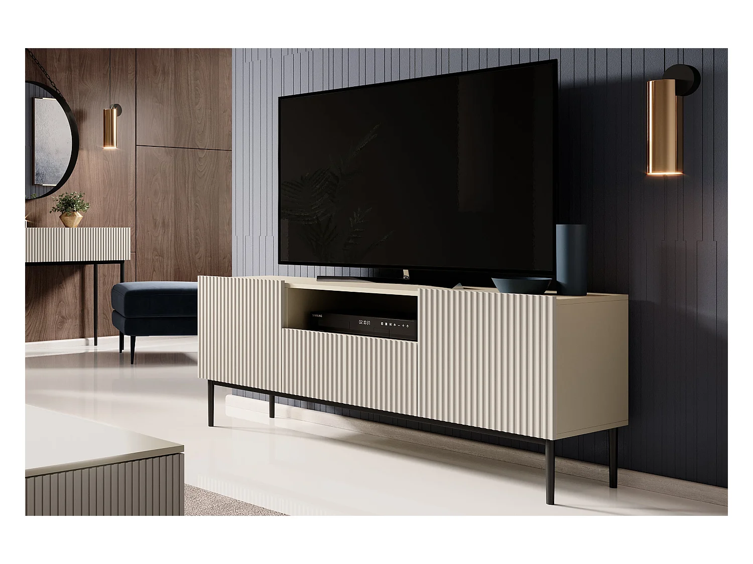 TV-Schrank aus Kaschmir mit 2 Türen und 1 Schublade mit schwarzem Metallfuß 150x45cm