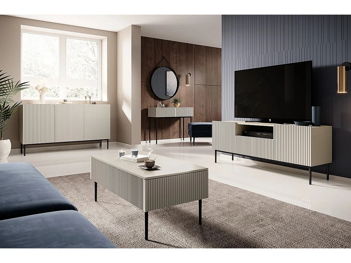 Móvel TV de caxemira com 2 portas e 1 gaveta com pé em metal preto 150x45cm