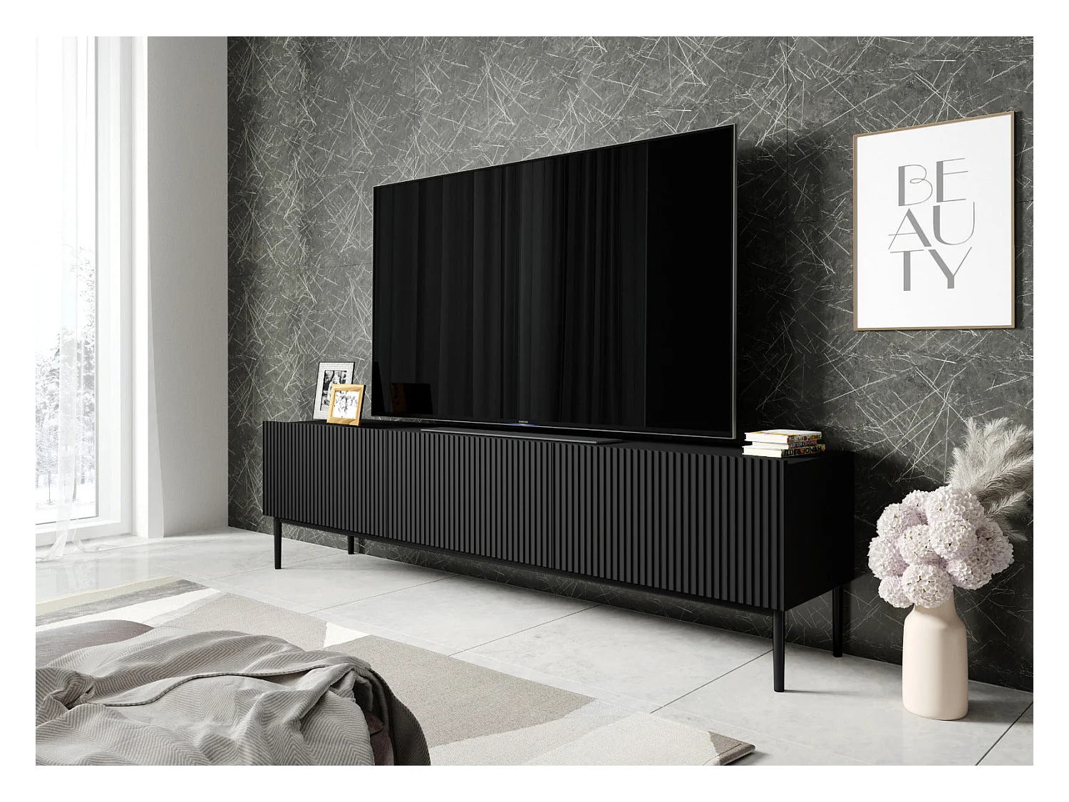 Mobile tv 2 ante a ribalta 1 cassetto nero piede nero 200x45 cm