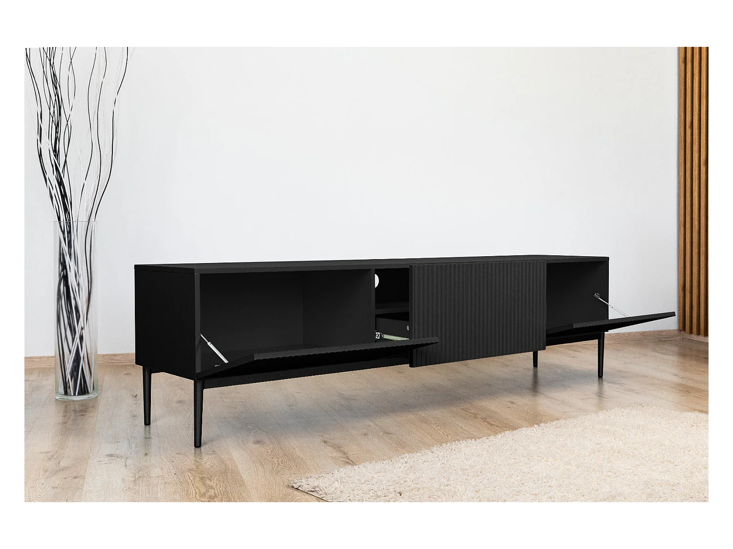 Mobile tv 2 ante a ribalta 1 cassetto nero piede nero 200x45 cm