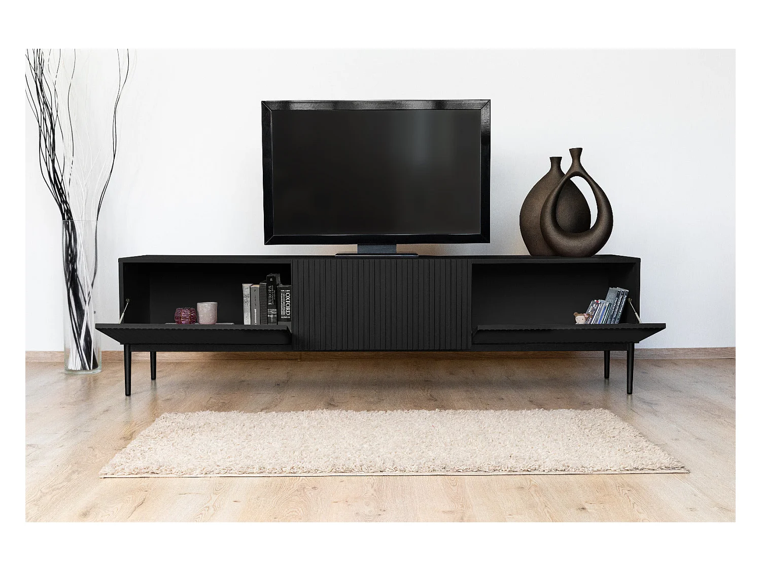 Mobile tv 2 ante a ribalta 1 cassetto nero piede nero 200x45 cm