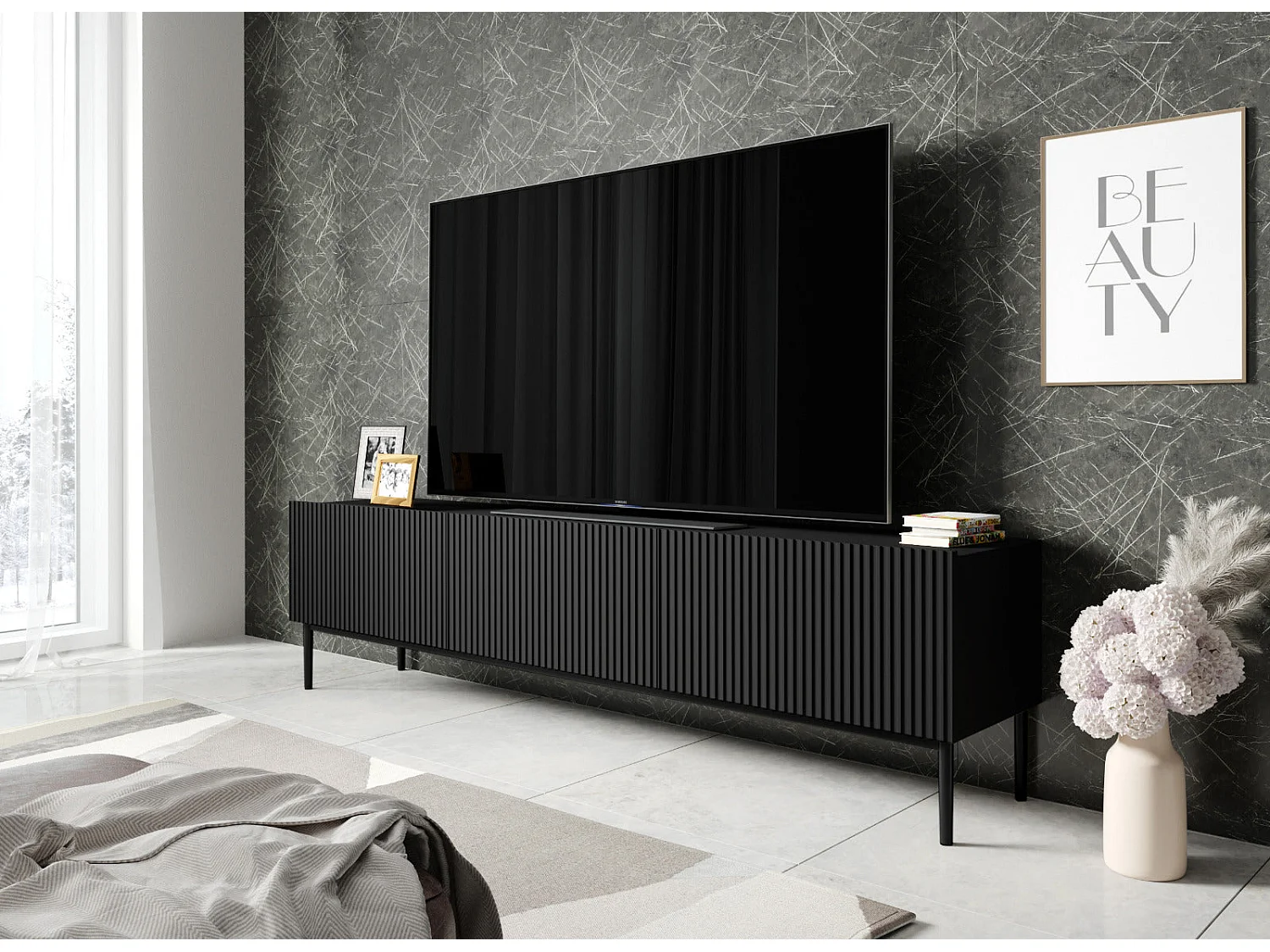 TV-Schrank 2 Falttüren 1 schwarze Schublade mit schwarzem Fuß 200x45 cm