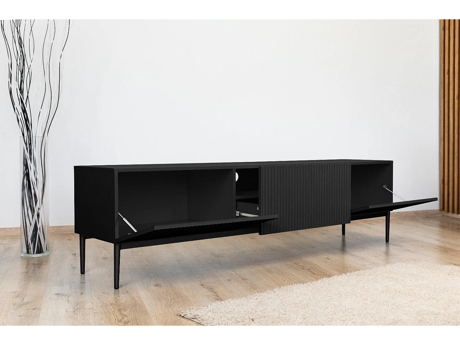 TV-Schrank 2 Falttüren 1 schwarze Schublade mit schwarzem Fuß 200x45 cm