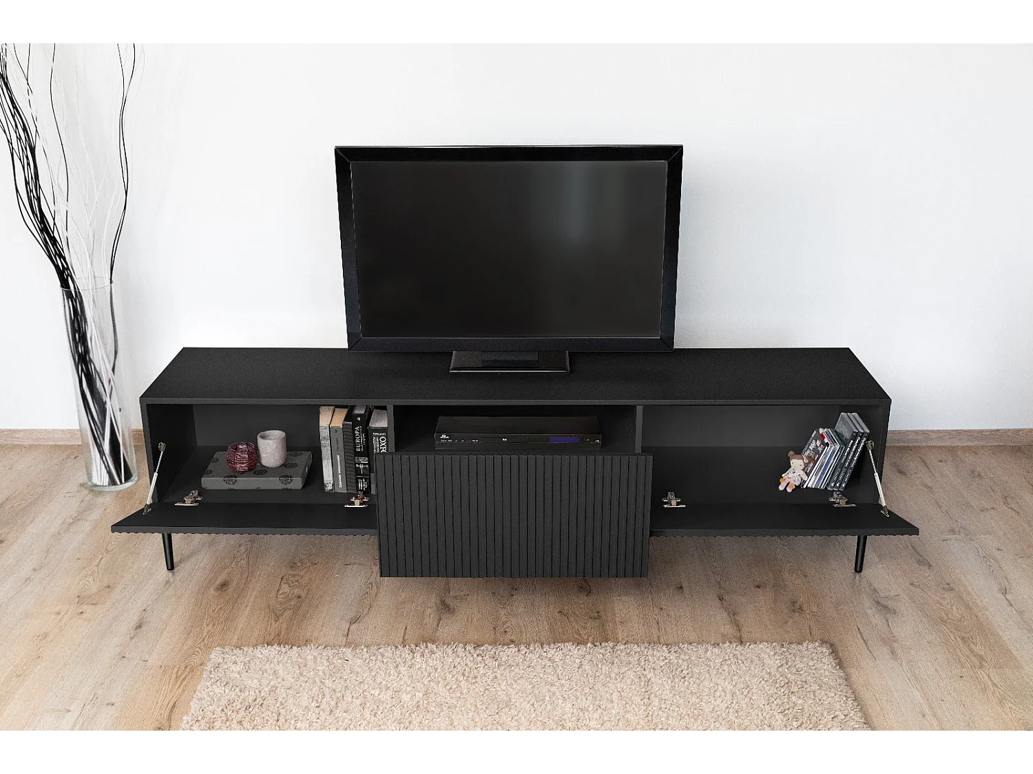 TV-Schrank 2 Falttüren 1 schwarze Schublade mit schwarzem Fuß 200x45 cm