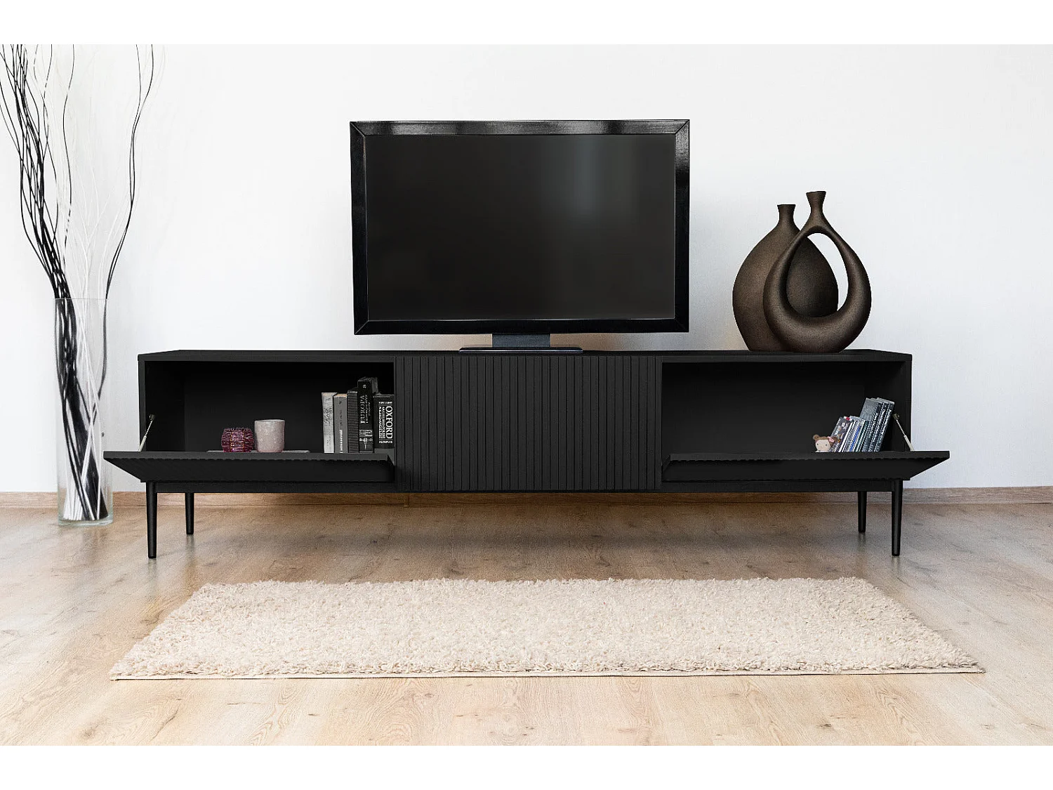 TV-Schrank 2 Falttüren 1 schwarze Schublade mit schwarzem Fuß 200x45 cm