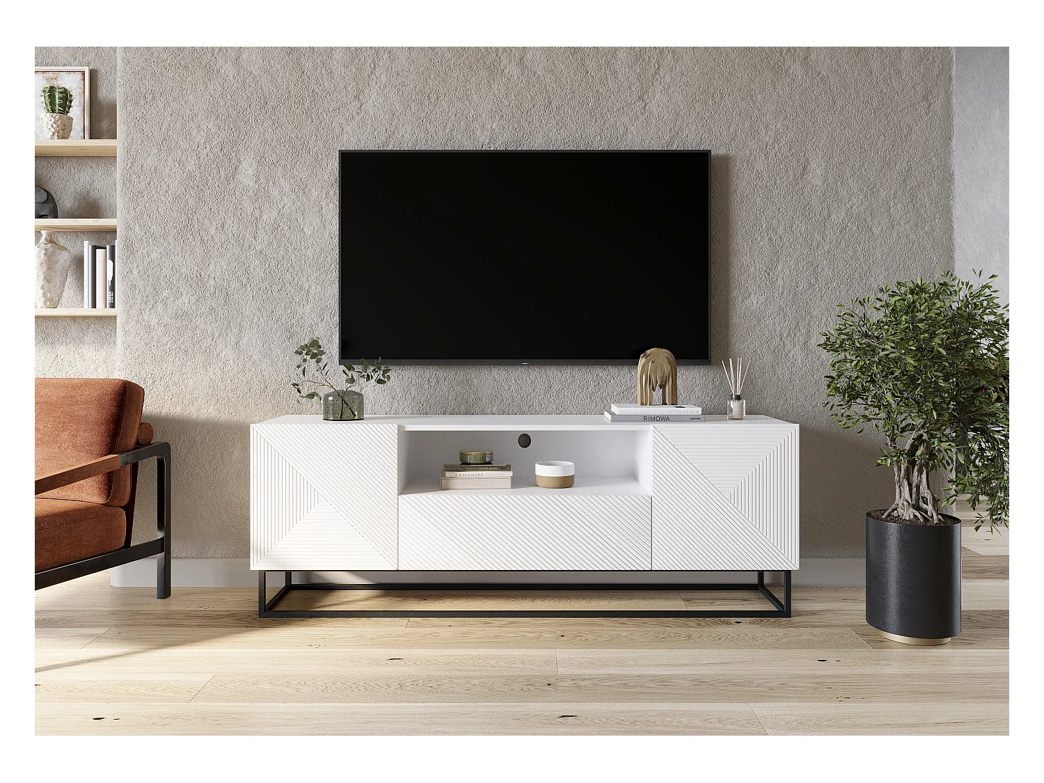 TV-Schrank, 2 Türen, 1 Schublade, weiß laminierter Metallfuß, 167 x 40 cm