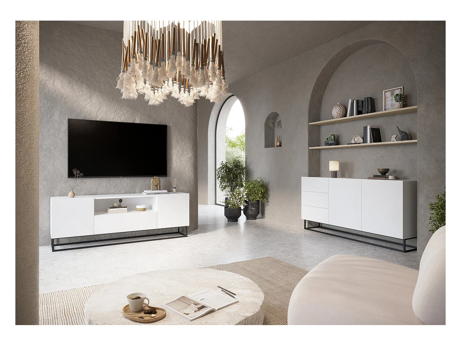 TV-Schrank, 2 Türen, 1 Schublade, weiß laminierter Metallfuß, 167 x 40 cm