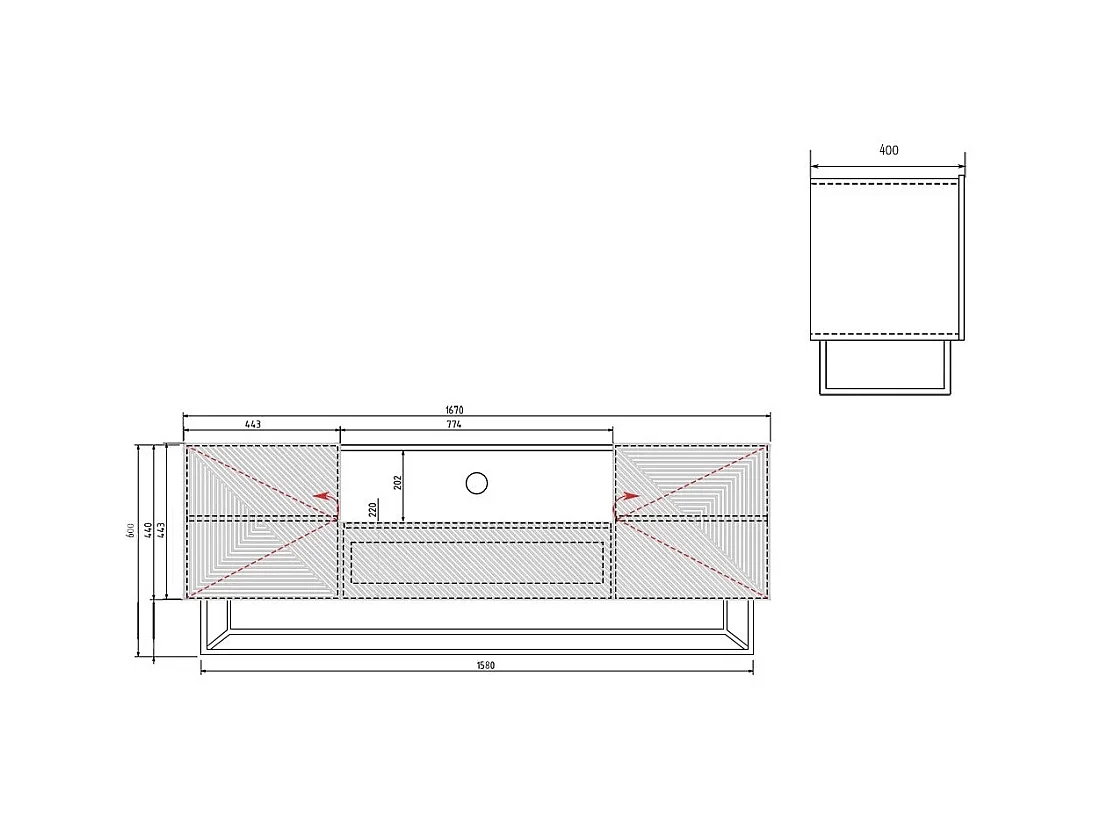 TV-Schrank, 2 Türen, 1 Schublade, weiß laminierter Metallfuß, 167 x 40 cm