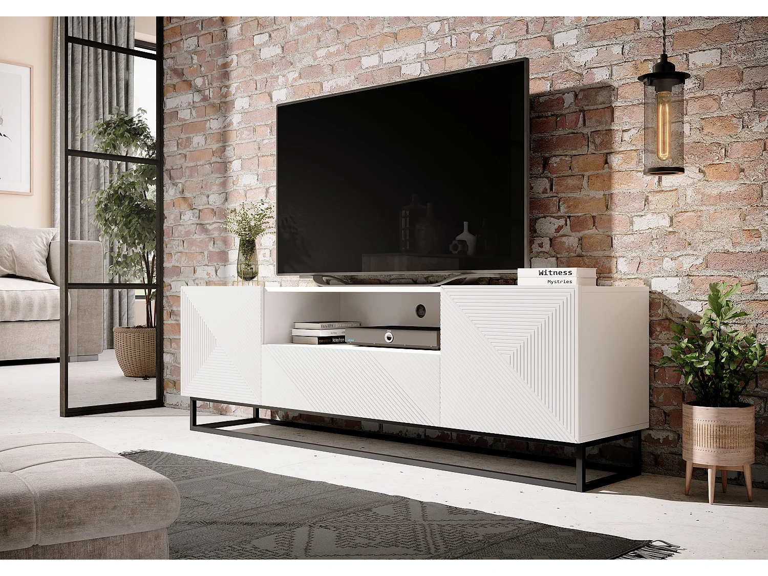 Mueble TV 2 puertas 1 cajón pie metal laminado blanco 167x40cm