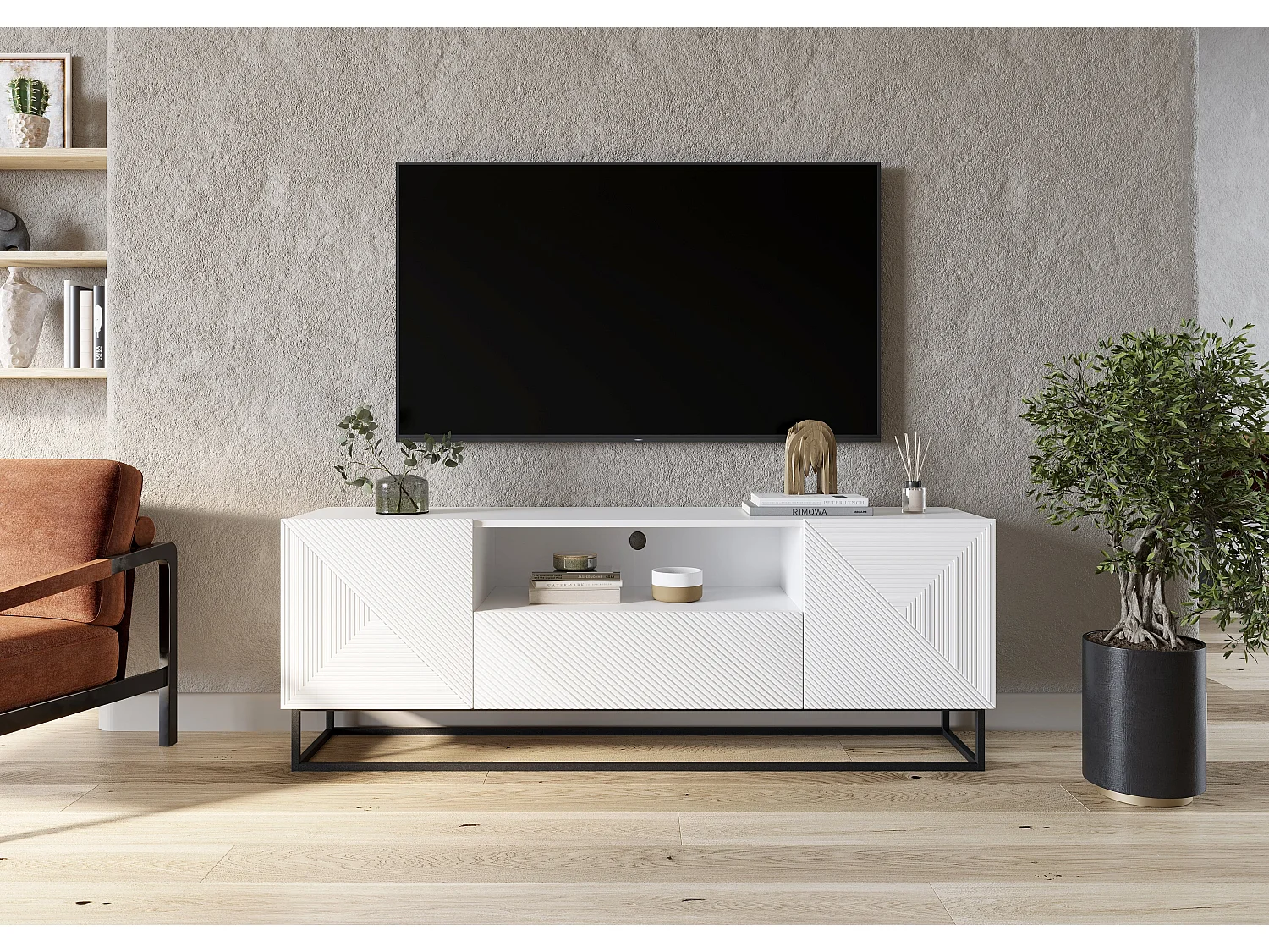 Mueble TV 2 puertas 1 cajón pie metal laminado blanco 167x40cm