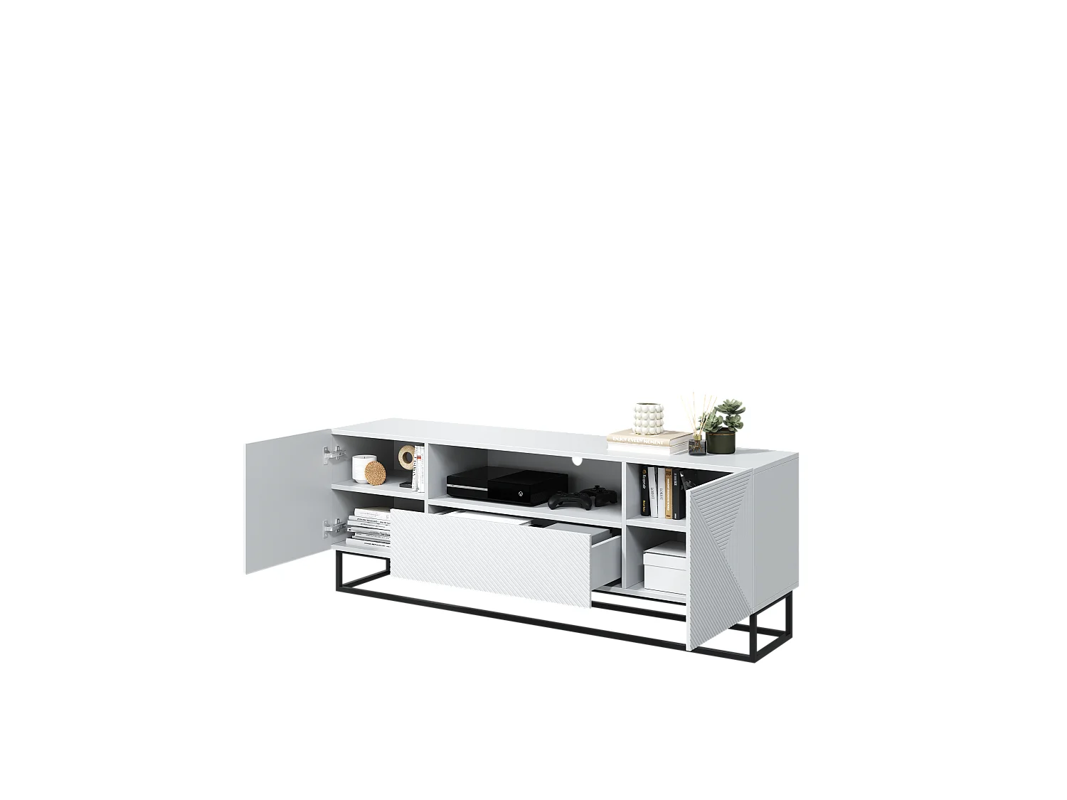 Mueble TV 2 puertas 1 cajón pie metal laminado blanco 167x40cm