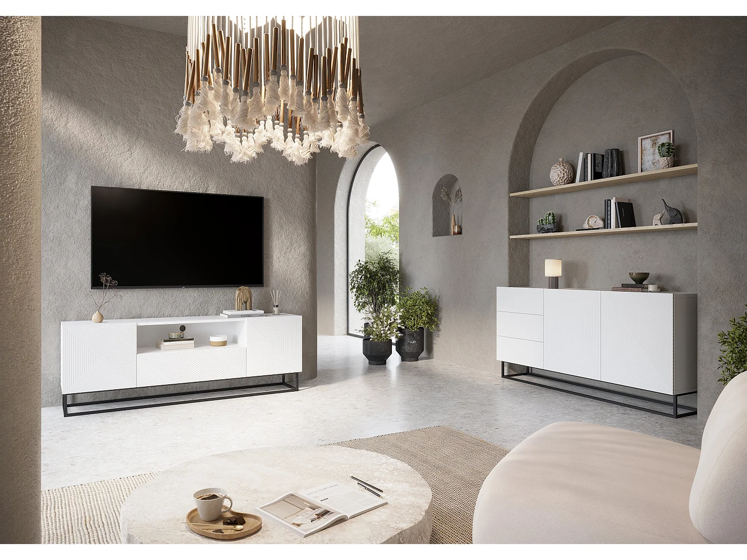 Mueble TV 2 puertas 1 cajón pie metal laminado blanco 167x40cm