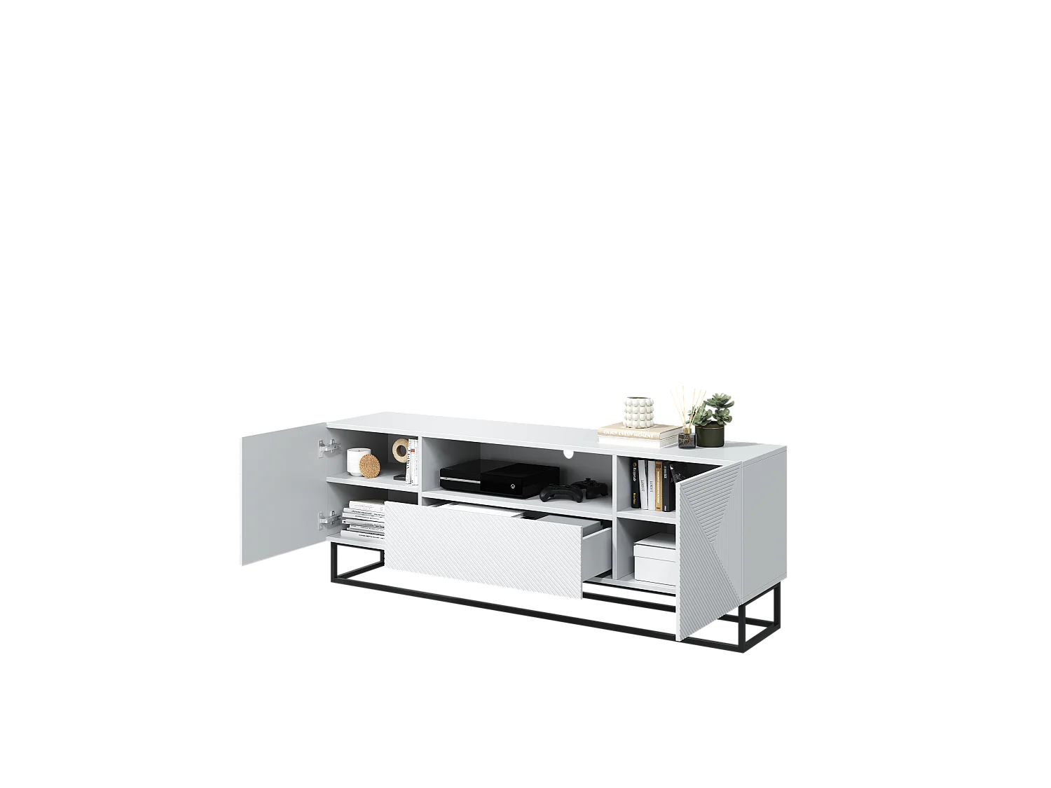 Meuble TV 2 deuren 1 lade bont metaal gelaagd wit 167x40cm