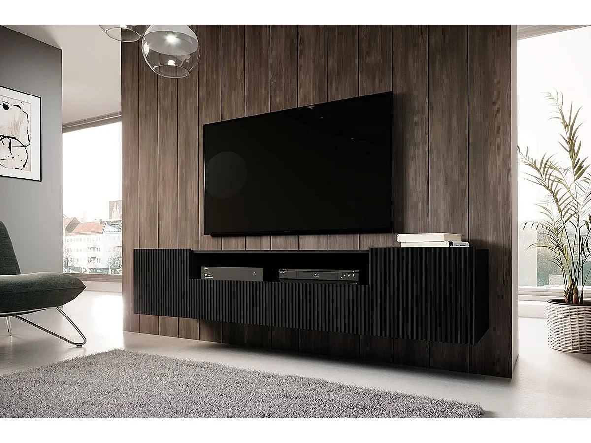 Zwart TV-meubel met 2 deuren en 2 lades 200x45 cm