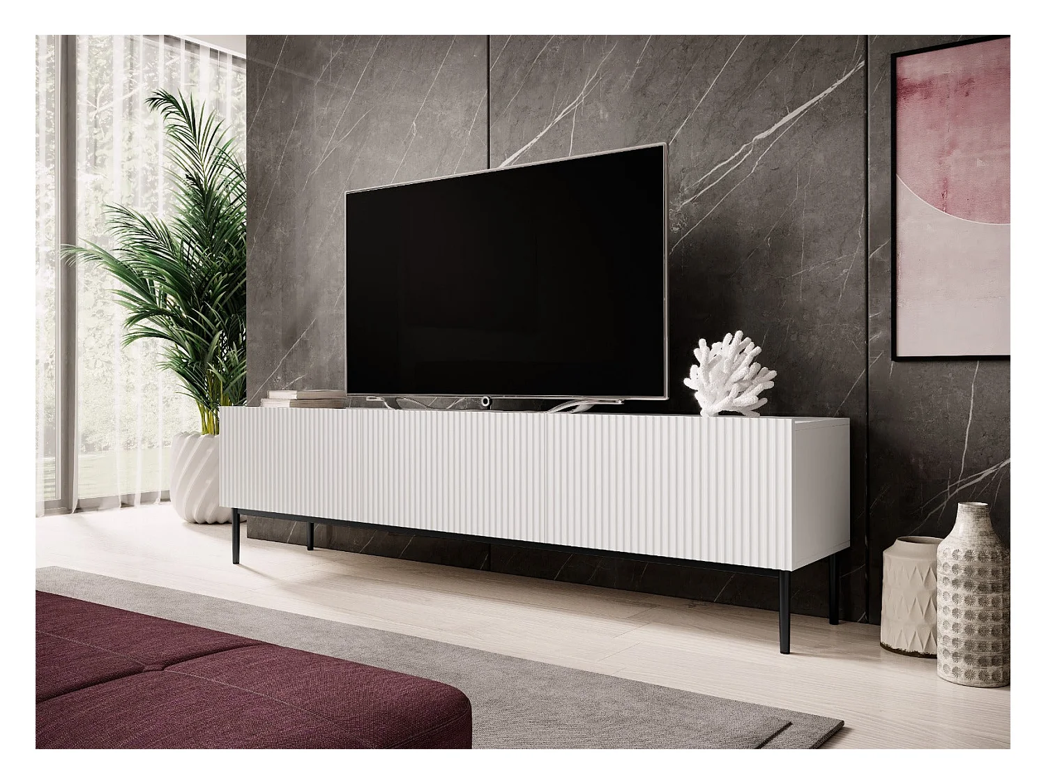 Meuble TV 2 vouwdeuren 1 witte lade met zwart bont 200x45 cm