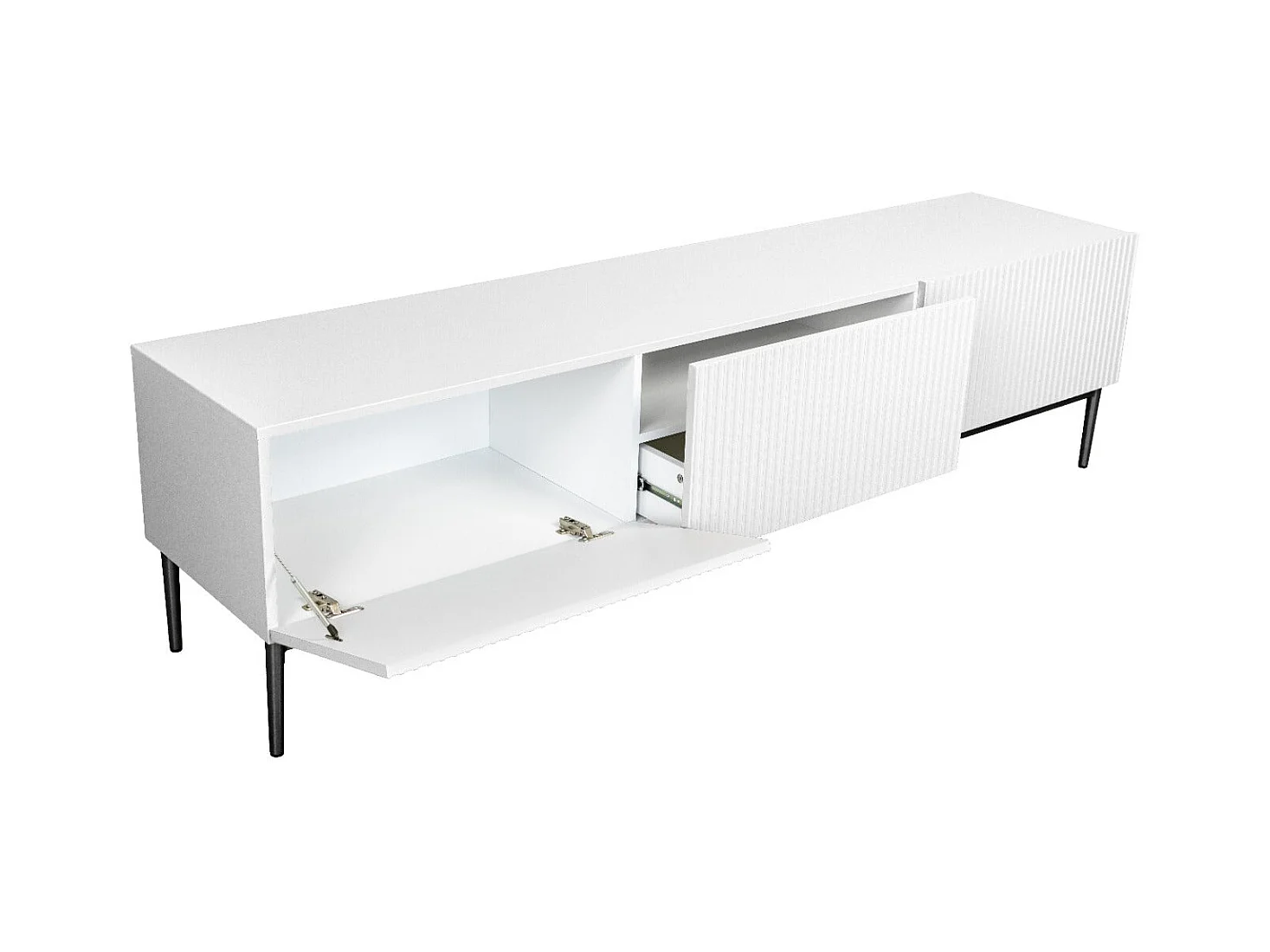 Meuble TV 2 vouwdeuren 1 witte lade met zwart bont 200x45 cm