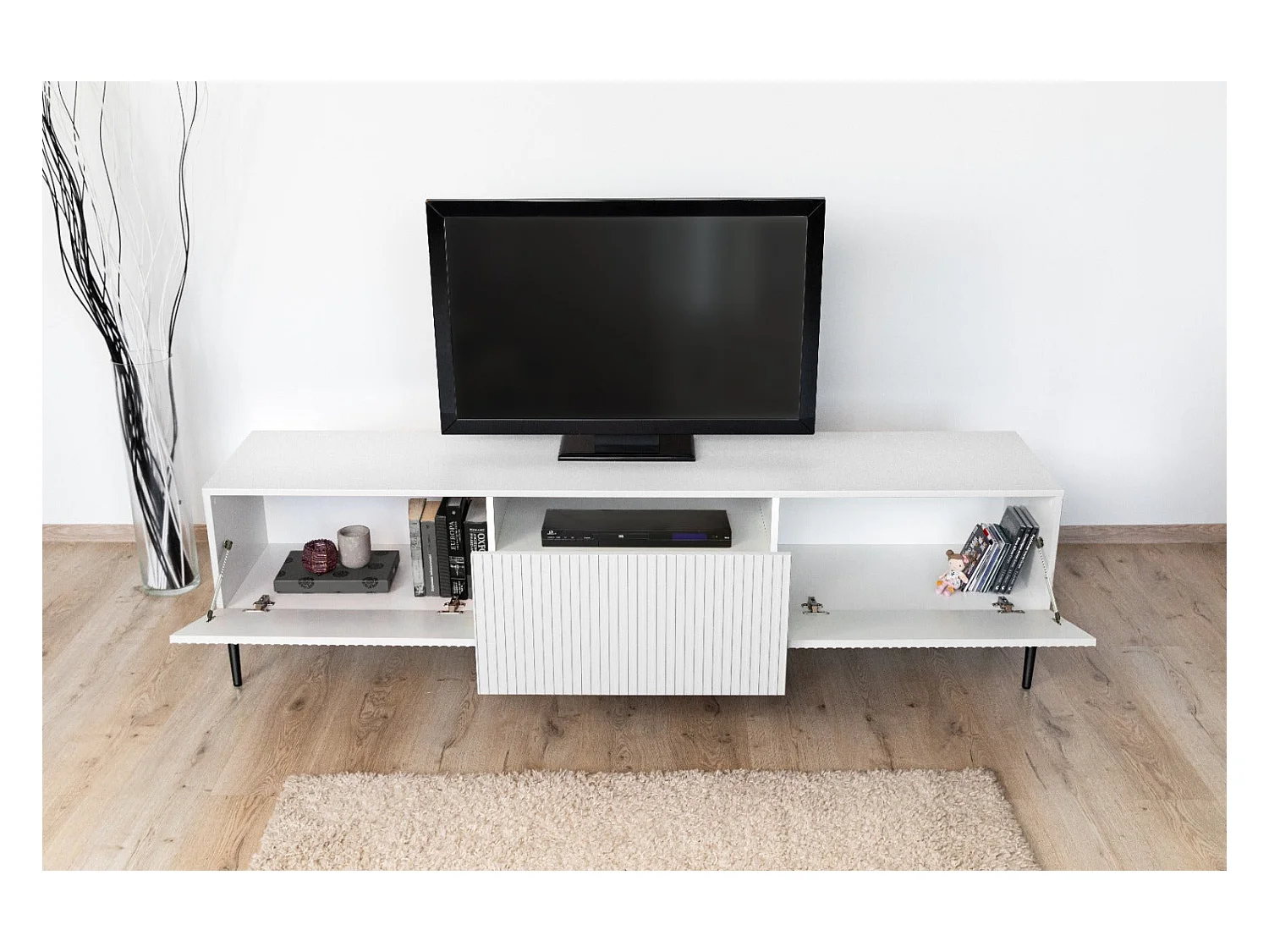 Meuble TV 2 vouwdeuren 1 witte lade met zwart bont 200x45 cm