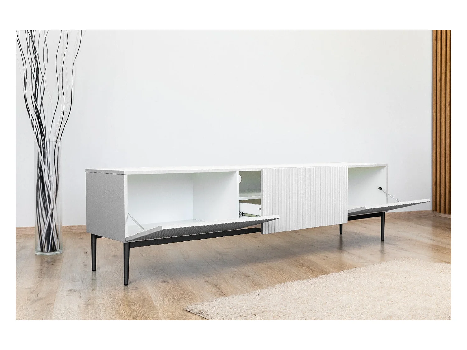 Meuble TV 2 vouwdeuren 1 witte lade met zwart bont 200x45 cm