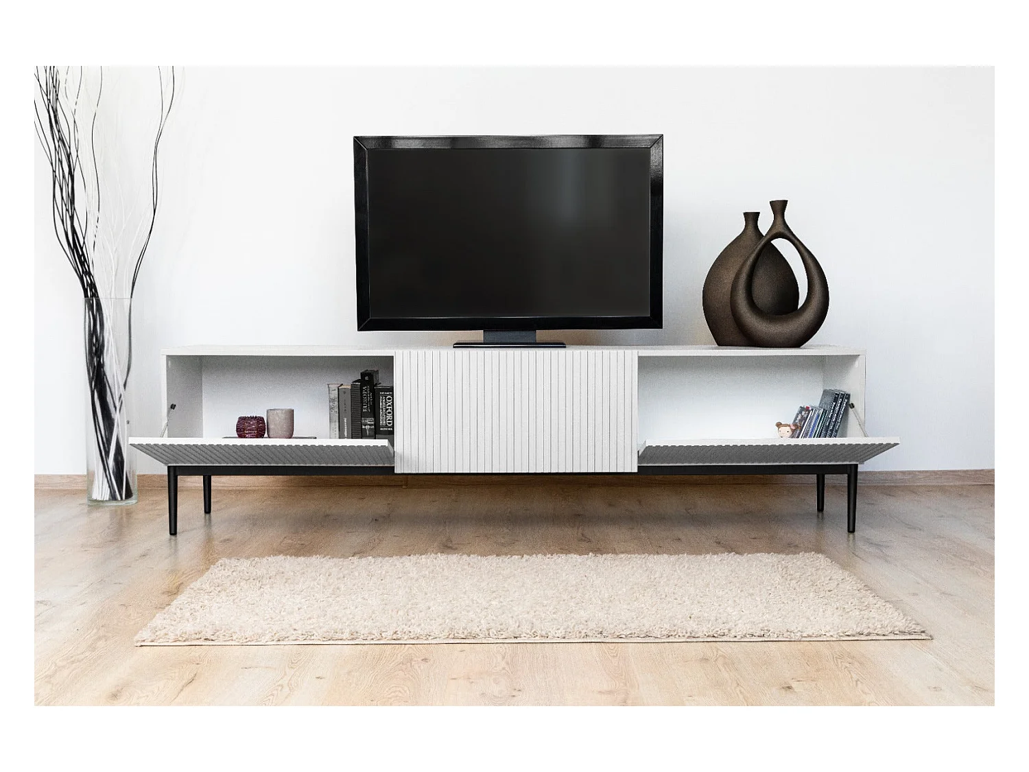 Meuble TV 2 vouwdeuren 1 witte lade met zwart bont 200x45 cm