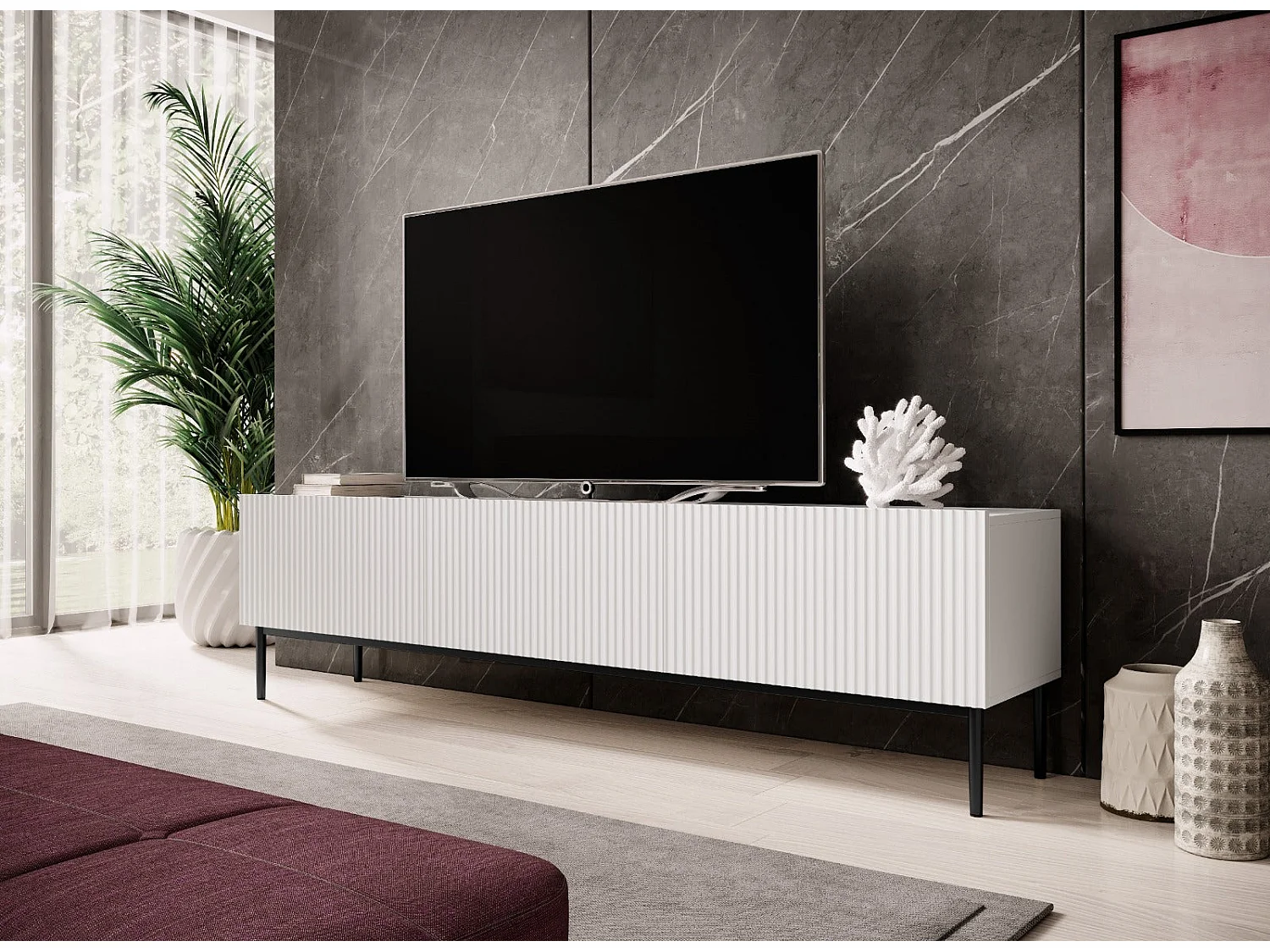 TV-Schrank 2 Falttüren 1 weiße Schublade mit schwarzem Fuß 200x45 cm