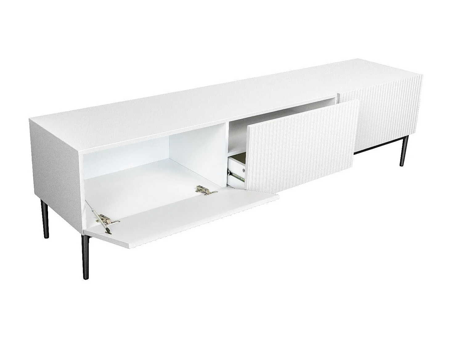 TV-Schrank 2 Falttüren 1 weiße Schublade mit schwarzem Fuß 200x45 cm