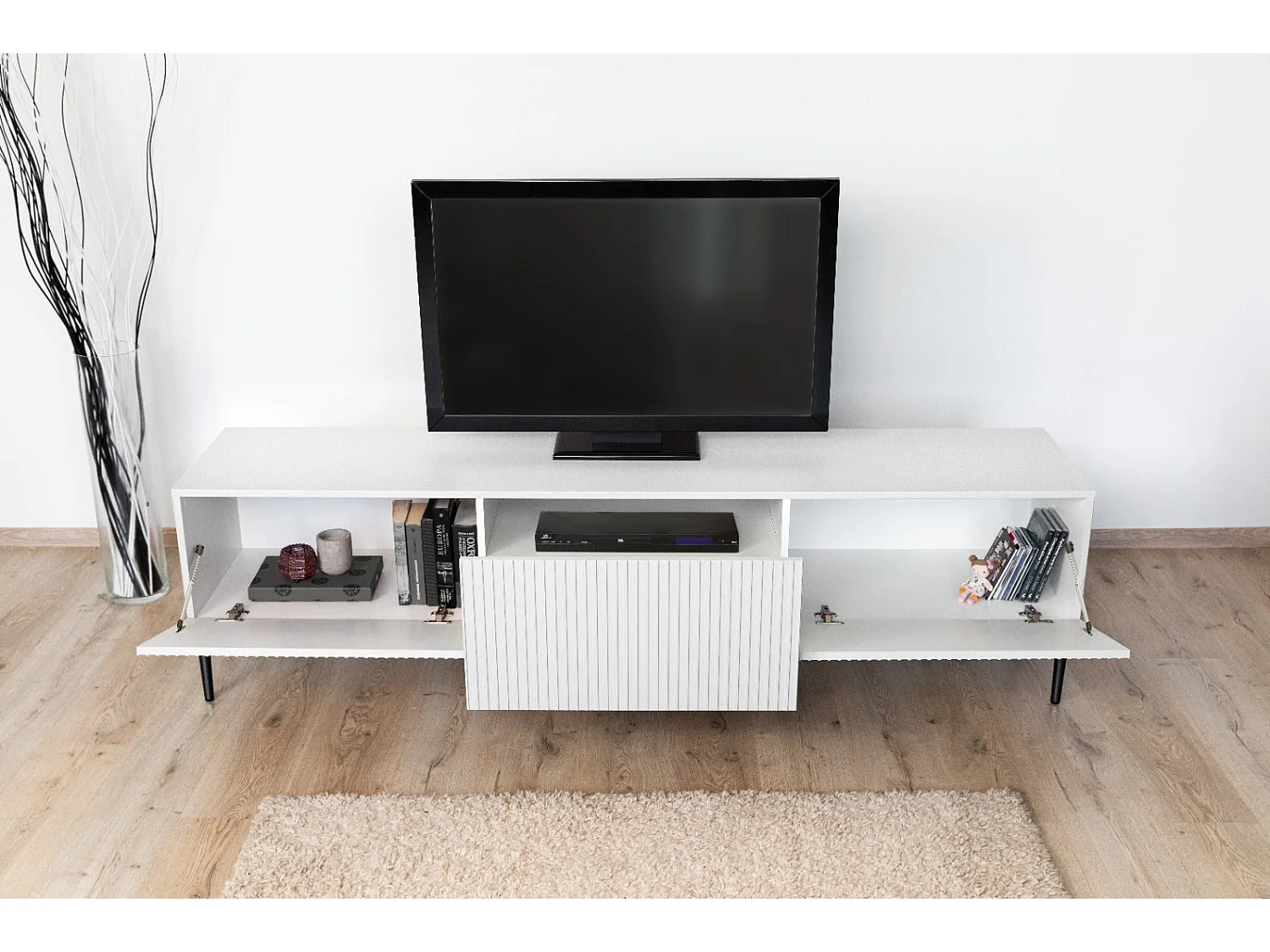 TV-Schrank 2 Falttüren 1 weiße Schublade mit schwarzem Fuß 200x45 cm