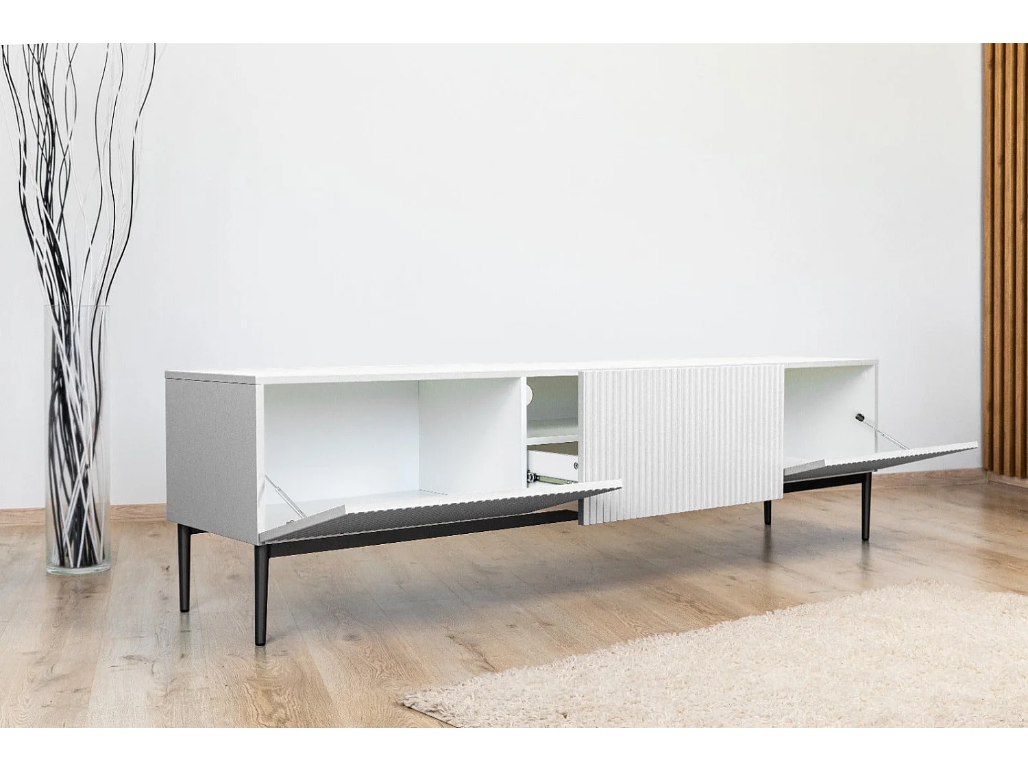 TV-Schrank 2 Falttüren 1 weiße Schublade mit schwarzem Fuß 200x45 cm