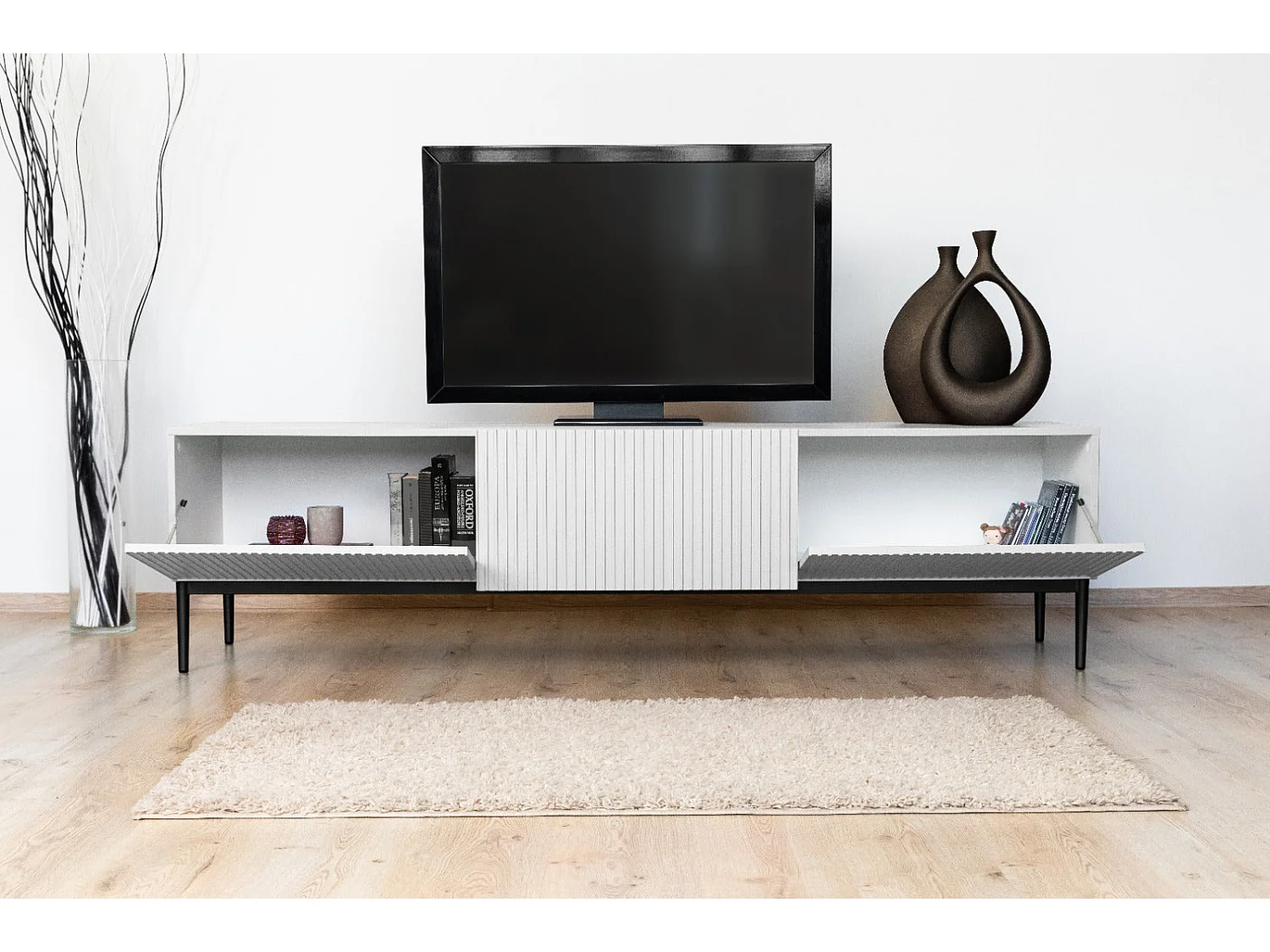 TV-Schrank 2 Falttüren 1 weiße Schublade mit schwarzem Fuß 200x45 cm