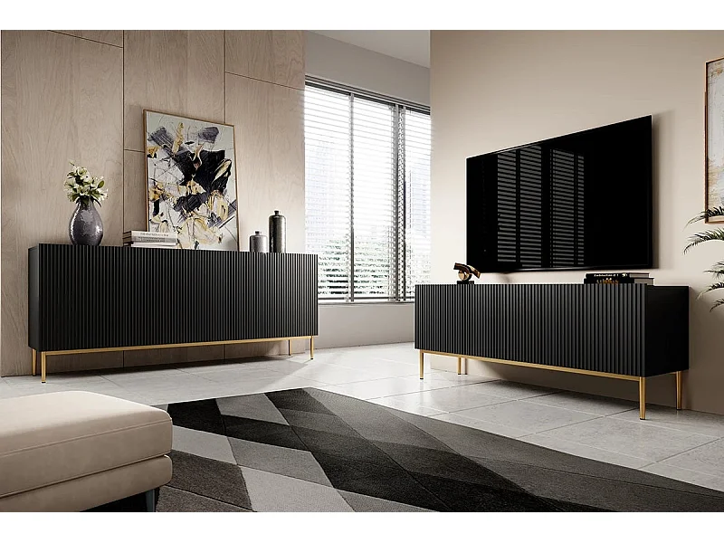 Mobile tv 2 ante ribalta 1 cassetto nero piede metallo oro 150x45cm