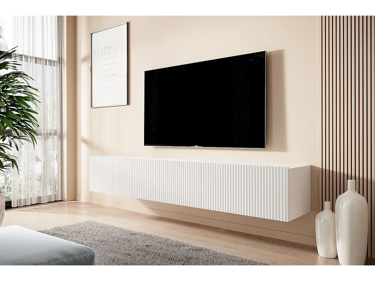 Wit hangend TV-meubel met 2 vouwdeuren en 1 lade 200x45 cm