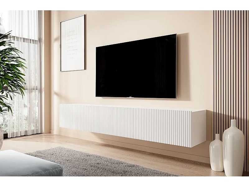 Wit hangend TV-meubel met 2 vouwdeuren en 1 lade 200x45 cm