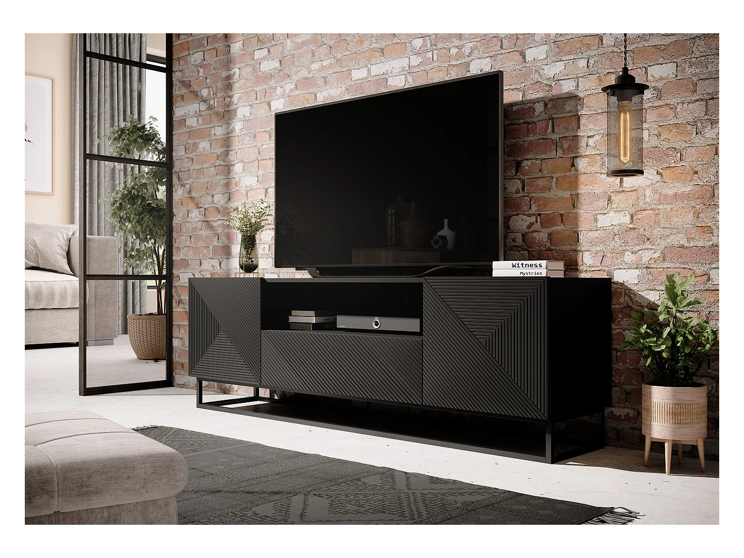 Meuble TV 2 deuren 1 tirair pied metal gelaagd zwart 167x40cm