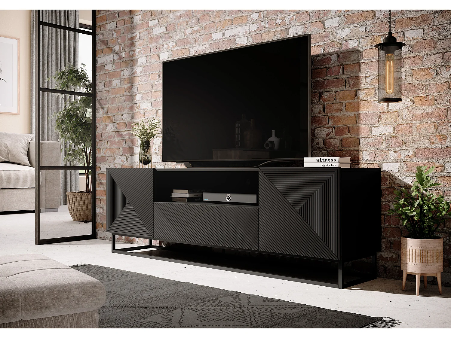 Meuble TV 2 deuren 1 tirair pied metal gelaagd zwart 167x40cm