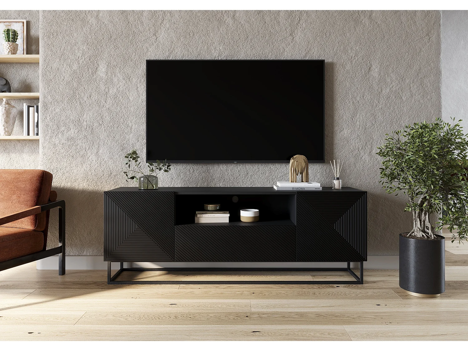 Meuble TV 2 deuren 1 tirair pied metal gelaagd zwart 167x40cm