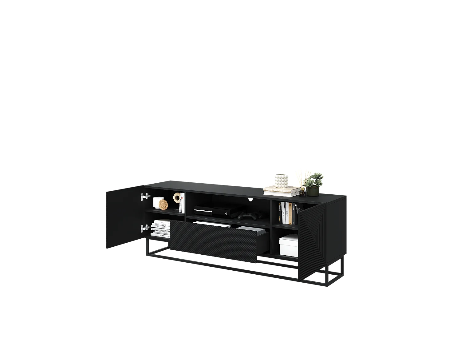 Meuble TV 2 deuren 1 tirair pied metal gelaagd zwart 167x40cm